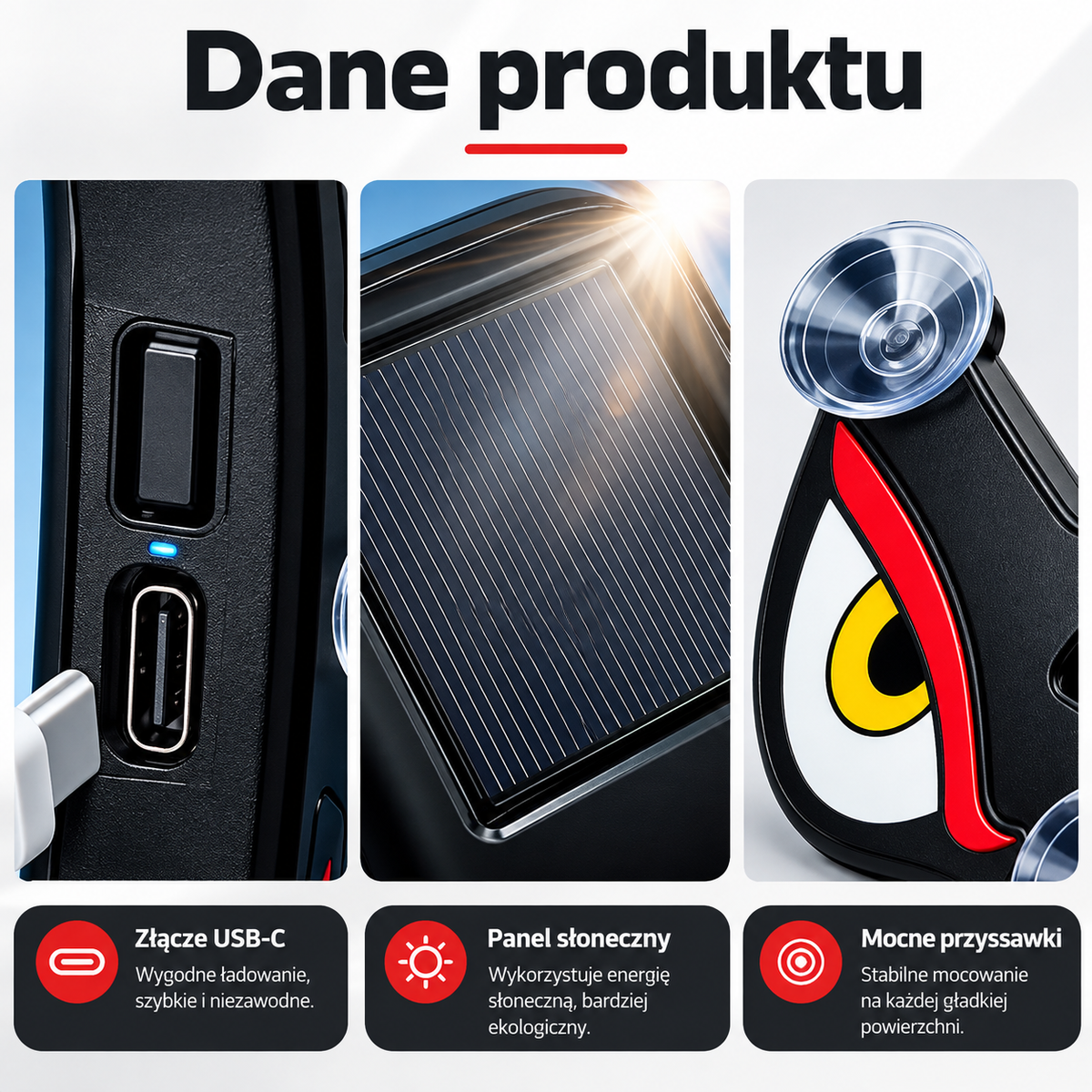 Dane produktu – złącze USB-C, panel słoneczny, mocne przyssawki